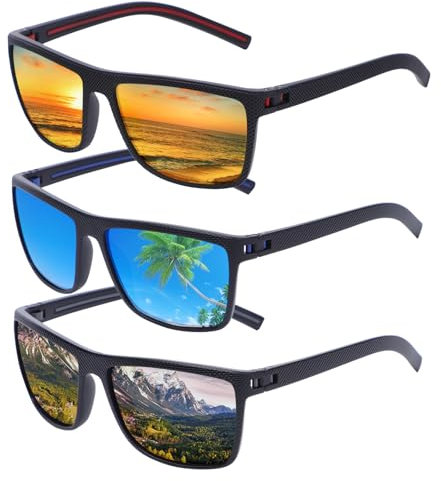 Risipu Lot de 3 lunettes de soleil polarisées homme/femme – Protection UV400 anti-reflet, monture légère en polycarbonate et verres TAC pour la conduite, la pêche, l'extérieur, Noir/gris, bleu glacier