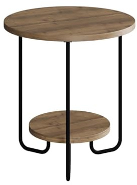 FWStyle Corro Side Table in Dark Oak – Round Side Table with Dual-Level Storage and Black Metal Frame – Modern Accent Table for Living Room, Bedroom, or Office