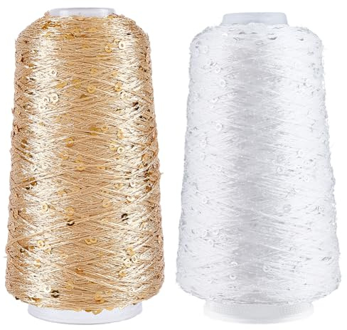 CABODYALS 1000 m 2 Farben Pailletten Glitzergarn Zubehör Metallischer Glitzer Paillettenfaden Polyester Handnadelschnur Mit Spule Zum Nähen Herstellen von Kleidung Dekorieren Basteln Stricken Häkeln
