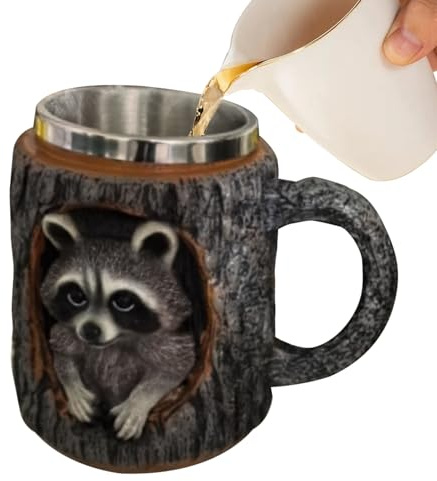 3D Tier Tasse 325 Ml Lustige Eulen Waschbärs Harz Kaffeetasse Mit Edelstahl-Innenschale, Kaffeebecher Teetasse Für Tierliebhaber Und Sammler