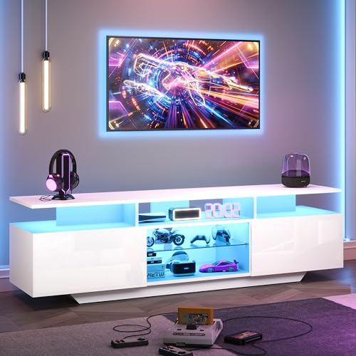 Gxffipw Hochglanz TV Schrank Länge 160 cm für Fernseher bis zu 65 Zoll, Lowboard mit Offenen Fächern und LED Licht, Fernsehschrank mit 2 Schränken und Türe, Wohnzimmerschrank TV Board Weiss