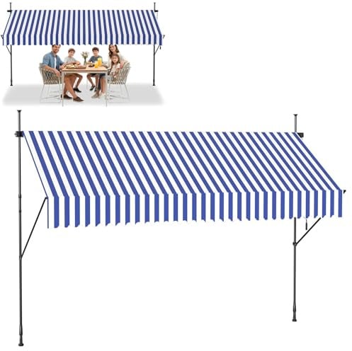 Froadp Klemmmarkise Markise Einziehbar Manuell Sonnenschutz Balkon Ohne Bohren UV-Schutz Wetterfest Höhenverstellbar Gelenkarmmarkise mit Handkurbel für Garten Terrasse 300x120cm Blau-weiße Streifen