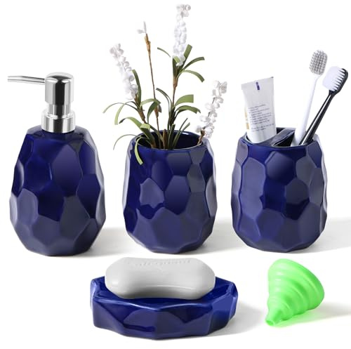 Badezimmer-Zubehör-Set, 4-teiliges Badezimmer-Zubehör-Set, Lotion-Seifenspender, Seifenschale, Zahnbürstenhalter, Zahnputzbecher, Badezimmer-Organizer für Moderne Badezimmer (Dunkelblau)