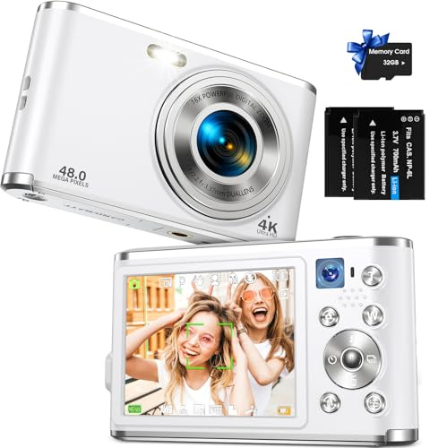 Digital Camera, AutoFocus 4K Vlogging Camera with Dual Camera 48MP 16X Digital Zoom Kids Compact Camera with 32GB Memory Card Portable Point and Shoot Cameras for Teens Beginner