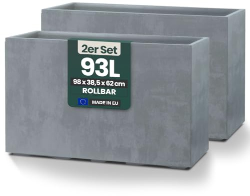 Kreher® XXL Sichtschutz Pflanzkasten hoch 93L - 98x38,5x62 cm - doppelwandig & rollbar, mit Entwässerungsstopfen - wetterfest - Naturstein Optik (2, Grau)