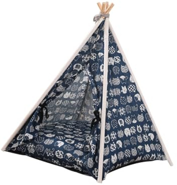 POPETPOP Washable Canvas Dog Tent Bed with Cushion, Adorable Pet Teepee for Dogs and Cats, Portable Pet Sleeping Place Suitable for Indoor and Outdoor Use, 43x13x17cm Navy Blue