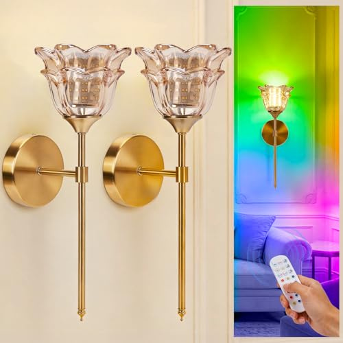 Battery Operated Wall Sconce Set of 2, 7500mAh Rechargeable Battery Operated Wall Lights, Remote & Touch Control, 10 RGB Colours & 10 Dimmable Levels, Wall Lighting for Bedroom, Living Room & Hallway