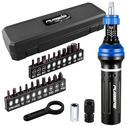 PUIBERS 25-Piece Torque Screwdriver Set, 1/4-Inch Drive, 1-6 Nm | 20 Slotted, Hex, Torx and Phillips bits, leverage bar, click mechanism, calibration certificate and storage case