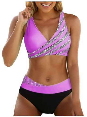 Generico Costume Donna Due Pezzi Bikini Donna Mare Vita Alta Sexy Stampa con Strass Brillantini Push-Up Imbottito Reggiseno Modellante Allacciato al Collo Regolabile Ragazze per Vacanza al Mare