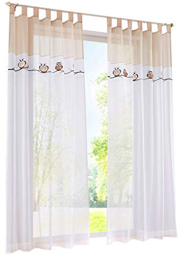 BAILEY JO 1PC Gardine mit Eule Stickerei Vorhange für Kinderzimmer Transparent Voile Vorhang (BxH 140x175cm, Sand mit schlaufen)