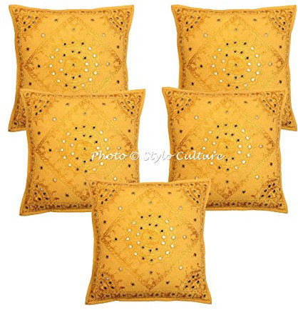 Stylo Culture Ethnicas Fundas Cojines Decorativa 60x60 cm Algodón Espejado Funda Almohadon Sofa Amarillo Mango 24x24 Inch Bordado Cuadrado sobre Funda Cojin Silla - 5 Pcs