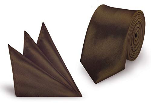 StickandShine Krawatte + Einstecktuch Braun slim aus Polyester einfarbig uni schmale 5 cm