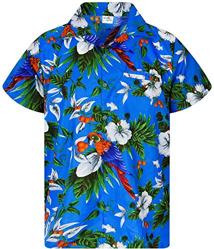 King Kameha Funky Chemise-Hawaienne, Manche-Courte, Cherry-Parrot, Bleu, S