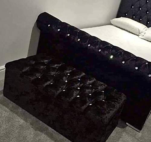 Spring Well Large Spanish Crushed Velvet Crystal, Diamante, Diamond, Ottoman, Storage, Blanket Box (Black, Large)