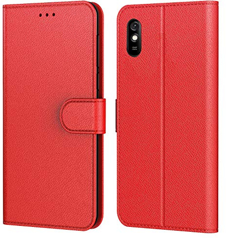 Tenphone Etui Coque pour Xiaomi Redmi 9A,Plusieurs Couleurs Disponible, Pochette Protection Etui Housse Premium en Cuir PU,Fermeture Magnétique pour (Redmi 9A (6,53 Pouces), Book Rouge)
