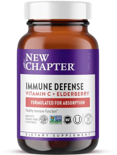 New Chapter® Vitamin C Immune Defense Supplement + Elderberry – Excellent Source of Vitamin C, One Daily Tablet for Healthy Immune Support, Made with Organic Herbs, Non-GMO, Gluten Free, 30 ct