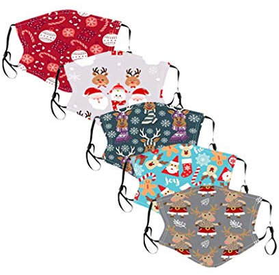 Lulupi 5 Stück Kinder Mundschutz Multifunktionstuch Weihnachten Waschbar Maske Baumwolle Stoffmaske Weihnachtsmaske Christmas Druck Mund-Nasenschutz Weihnachtsmotiv Halstuch Schals für Jungen Mädchen