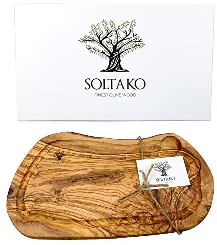 SOLTAKO Olivenholz Schneidebrett, Holzbrett, Servierbrett, Steakbrett, Käsebrett, Oliven Holz Brett mit Saftrille, Naturschnitt 35-38cm lang, 17-19cm breit, ca. 2cm dick