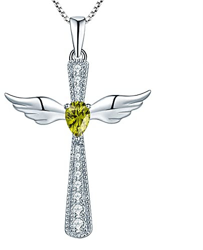 YL Kreuz Engelsflügel Halskette 925 Sterling Silber August Geburtsstein Peridot Grün Zirkonia Schutzengel Anhänger Halskette für Damen