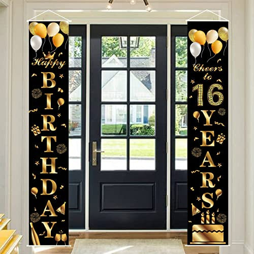 Happy 16th Birthday Door Banner Party Decorations,Black Gold Fabric 16th Birthday Door Porch Sign Banner for boys Girls Women Men 16 Years OldBirthday Party Indoor Outdoor Decor Supplies
