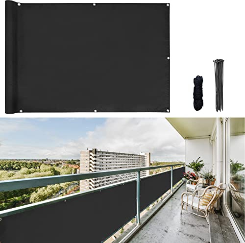 CCLIFE Balkon Sichtschutz Wetterfest 500x90cm Schwarz | Balkonabdeckung Blickdichte,Wasserfest,Windschutz,UV-Schutz,Sichtschutz mit Kabelbinderfür den Gartenzaun oder Balkon