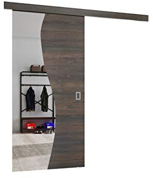 Mirjan24 Fala Kit complet de porte coulissante avec miroir avant pour portes coulissantes, cloisons intérieures, porte coulissante universelle avec fermeture automatique (frêne foncé + miroir, modèle