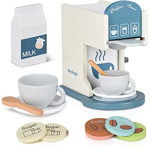 Accesorios de cocina para niños, cafetera de madera de juguete, máquina de espresso, juegos de cocina para niñas y niños (cafetera) (blanco)