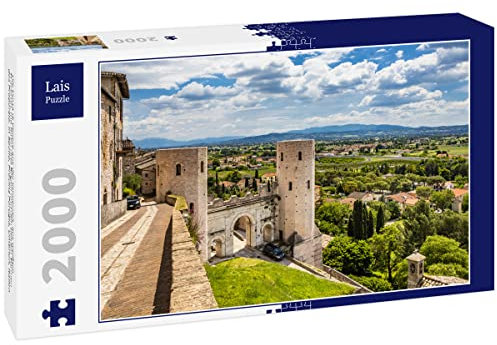 Lais Puzzle Die Porta di Venere aus der Römerzeit, aus weißem Travertin, mit ihren DREI Bögen und den beiden Türmen des Properzio. In Spello, Provinz Perugia, Umbrien, Italien 2000 Teile