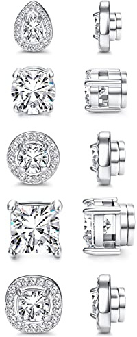 Florideco 5Pairs Stainless Steel Magnetic Earrings for Men Women Non-piercing CZ Hypoallergenic Round Square Teardrop Faux Diamond Halo Magnetic Stud Earrings Set