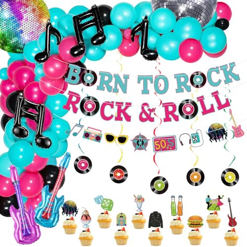 Hegbolke 91 Stück 50er Rock and Roll Partydekorationen | einschließlich Elementflagge, hängender Wirbel, Tortenaufsätze, Luftballons, Banner für 50er Jahre Themenparty, Sock Hop Partydekorationen