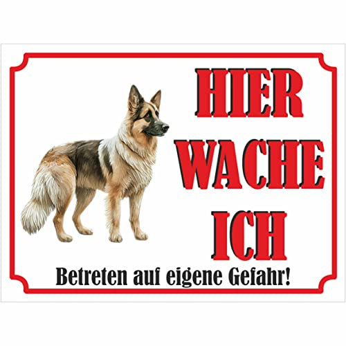 INDIGOS UG - Deutscher Schäferhund - Schild bedruckt - Hier wache ich - Aluverbundplatte weiß - ab 20x15 cm - Spruch - Deko Geschenkidee für Ihren Hund - Zaun - Türschild