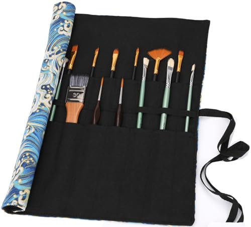 Amoyie Sets de Pinceaux de Peinture, 12 Pinceaux Peinture Nylon avec Trousse en tissu pour Acrylique, Aquarelle, Gouache et Huile, bleu noir