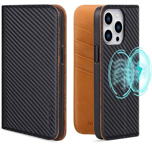 VISOUL Hülle für iPhone 15 Pro max,Schutzhülle Carbon Leder Kartenfach Magnetverschluss Stand Klapphüllen handyhülle Handytasche Etui Case Gelb T