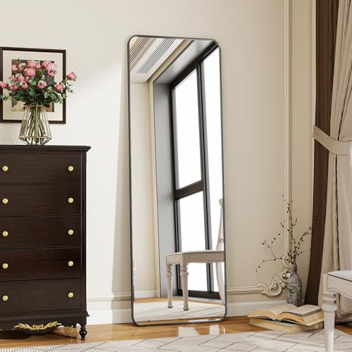 Koonmi Standspiegel mit abgerundeten Ecken, 40 x 150 cm Ganzkörperspiegel mit Ständer, großer Fußboden Standspiegel Ganzkörperspiegel Wand Hänger für Schlafzimmer, Wohnzimmer, Schwarz