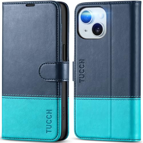 TUCCH Wallet Case for iPhone 15 (6.1) 2023, Magnetic PU Leather Stand Flip Stand Folding Cover with[RFID Blocking][Credit Card Slots][Shockproof TPU] Compatible with iPhone 15 5G, Blue & Lake Blue