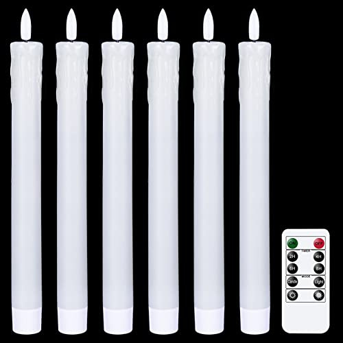 Eldnacele LED Stabkerzen mit Timerfunktion, 6er Set mit Tropfwachs-Design | Weiße elektrische Kerzen mit Fernbedienung, flackernde 3D-Flamme, Ø 2 × 25 cm, batteriebetrieben, Weihnachtsdeko und Hochzeit
