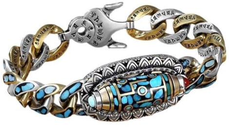 LQQDREX Türkisfarbenes 6-stelliges Mantra-Armband mit 9 Augen Dzi Perlen, tibetischer Stil, rotierende 9 Augen, Dzi Perlen, Armband, Meditation, Glück, Armband für Männer und Frauen, 22 cm, Stoff