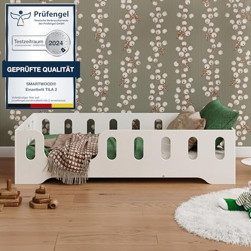 smartwood Cama Infantil 100x200 Blanco - Cama Montessori de Madera Certificada FSC, con Barandilla de Protección y Somier Resistente hasta 230 kg - para Niño y Niña - Montaje Fácil - TILA 2L