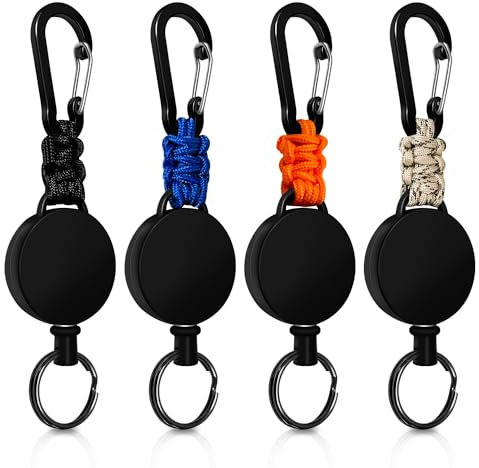 Llavero Retráctil, Llavero Extensible 4 Piezas, Llavero Retractil Cable Acero 60 cm, Llavero de Mosquetón con Clip Paracord, Mosquetón de Carrete (Negro+Beige+Azul+Naranja)
