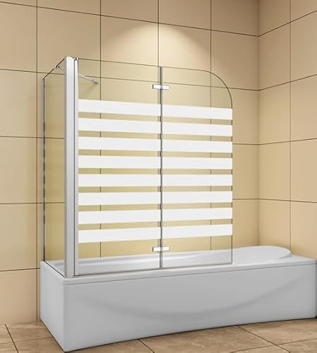 Aica Sanitär Badewannenaufsatz Eck Duschwand Badewanne 2-tlg.Faltwand mit Seitewand 6mm Nano Querstreifen Glas H140cm,120x70cm