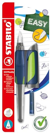 STABILO Ergonomic School Fountain Pen EASYbuddy Twilight Sky - M-Nib (Medium) - Pack of 1 - Steel Blue/Lime with Erasable Blue Ink (Inc. Cartridge)