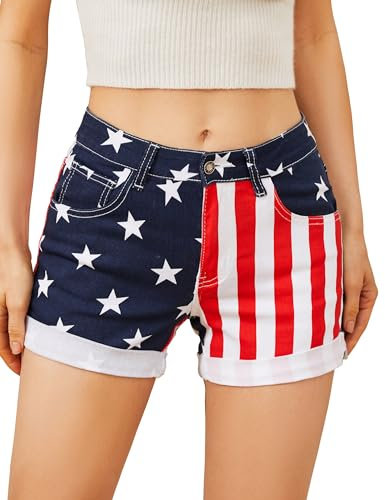 YXLUOKY Damen Stretch Jeans American Flag Print Denim Shorts, rot / weiß / blau, 38