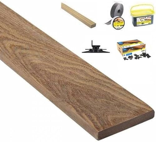 Kit lames terrasse en bois exotique Cumaru Longueur 1850mm avec clips inox, Lambourde, cale de ventilation, plot pvc et Bande bitumineuse