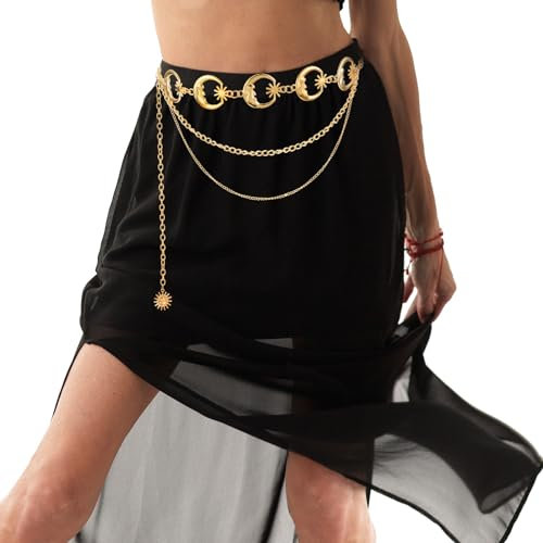 Andibro Vintage Metall Taillenketten, Multilayer Lange Quasten Mond Stern Sonnen Anhänger Gürtel Verstellbare Hüftkette Bauchkette für Damen Jean Pants Dress(goldener Mond)