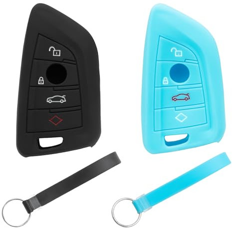 Autoschlüssel Schutzhülle kompatibel mit BMW 4-Tasten Smart Key Autoschlüssel Hülle - Schlüsselhülle aus Silikon(Schwarz+Himmelblau)