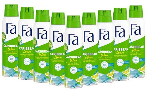Fa Deospray Caribbean Wave (9x 150 ml), Mit Exotisch Frischem Zitronenduft, Ohne Aluminium für bis zu 48 h Schutz, Hinterlässt Keine Rückstände auf der Kleidung