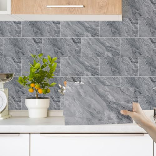 Decoroom Marble Tile Stickers 12pcs/15x30cm,Grey Self Adhesive Wall Tiles,Waterproof Peel and Stick for Kitchen Backsplash Bathroom DIY Home Decor Vinyl