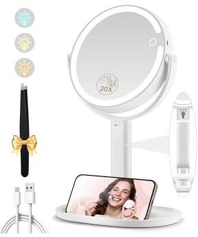 MOMOKUBA Makeup Mirror with Lights, Double Sided 1x/20x Magnifying Mirror with Light, Rechargeable 3 Color Lights and Adjustable Brightness, 360° Rotation Detachable Comes with Tweezer(White)