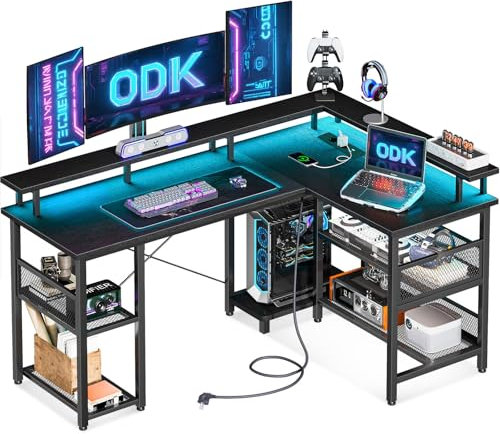 ODK Scrivania Gaming con LED, Scrivania d'Angolo Reversibile con 2 Prese e 2 Porte USB, Grande Scrivania Gaming Angolare con Ripiano in Rete, Nero 150×102 cm