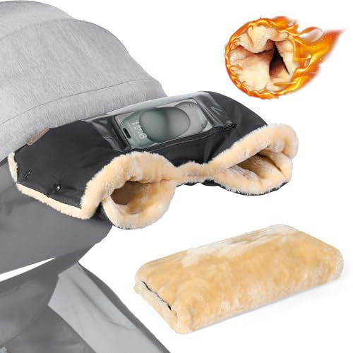 Orzbow Kinderwagen Handwärmer,Warm Handwärmer Kinderwagen mit Lammfellimitat,Stabil Handmuff für Kinderwagen mit Handyfach,Wetterfester Stoff,Komfortabel,Handschuhe Kinderwagen im Winter,Schwarz